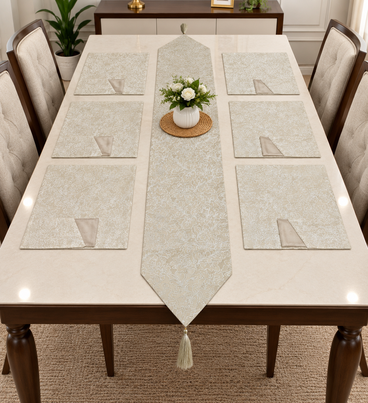 Elegant Ivory Floral Shingai Table Runner & Placemat Set
