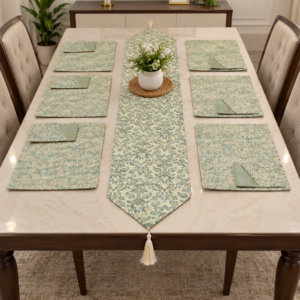 Elegant Teal & Beige Shingai Table Runner Set with Matching Placemats