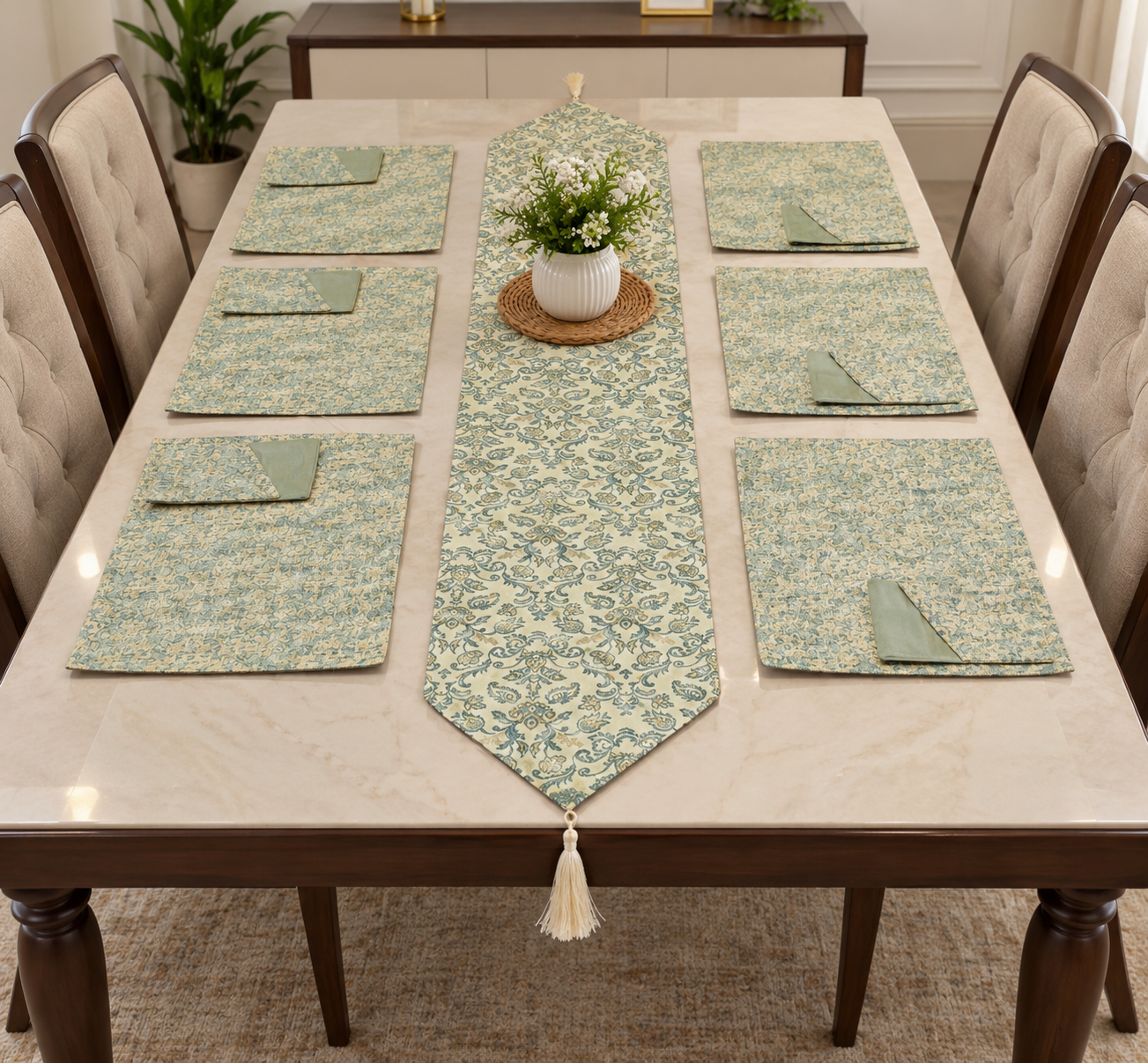 Elegant Teal & Beige Shingai Table Runner Set with Matching Placemats