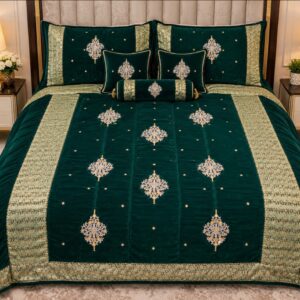 Luxury Bridal Velvet Bed Set with Quilted Handmade Design (Zinc)
