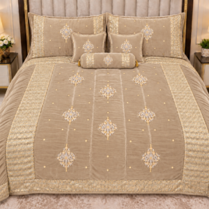 Luxury Bridal Velvet Bed Set with Quilted Handmade Design (Biege)