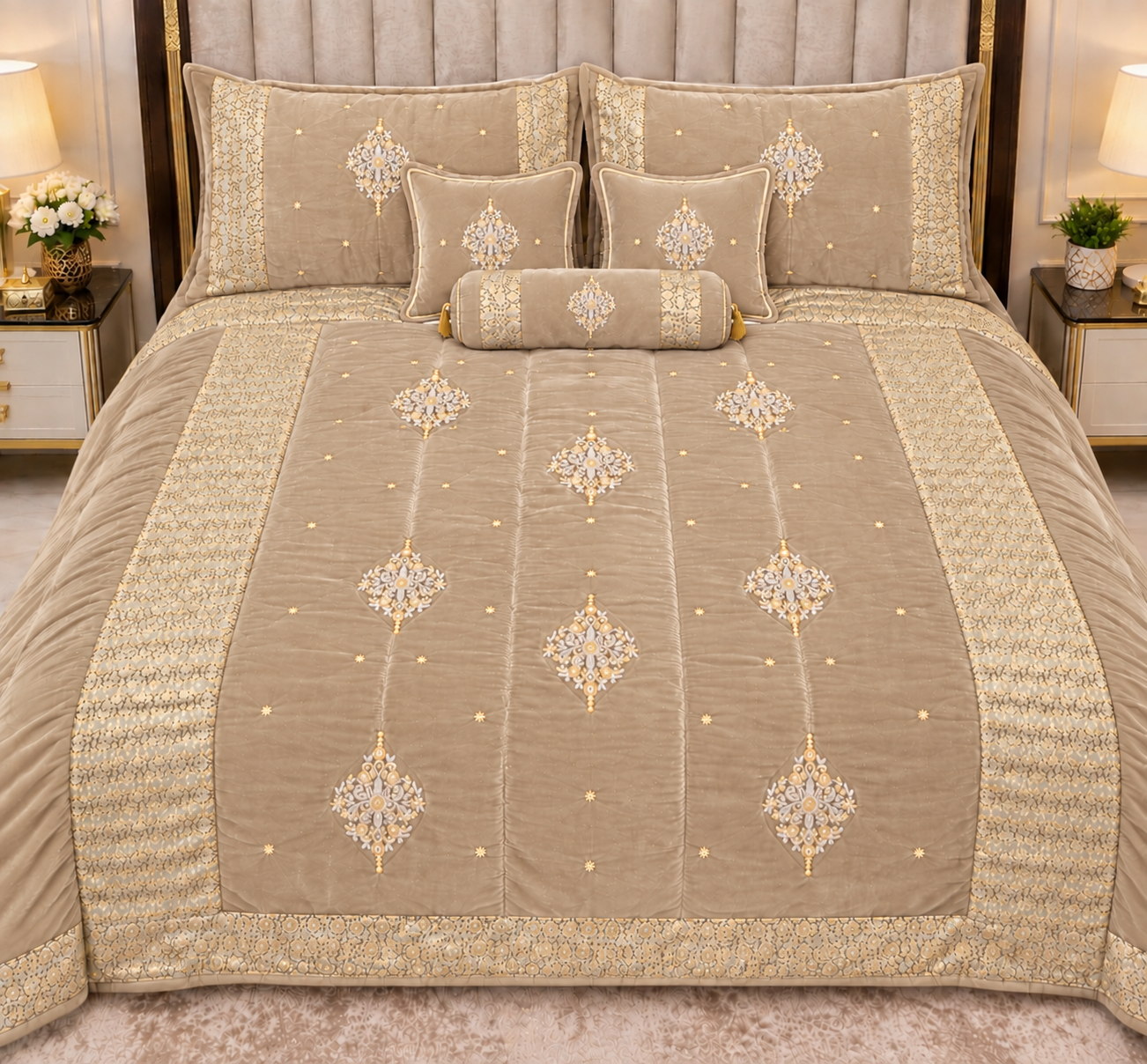 Luxury Bridal Velvet Bed Set with Quilted Handmade Design (Biege)