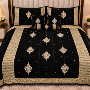 Luxury Bridal Velvet Bed Set with Quilted Handmade Design (Black)