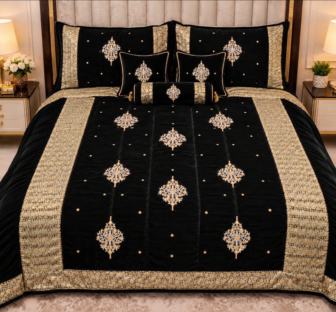 Luxury Bridal Velvet Bed Set with Quilted Handmade Design (Black)