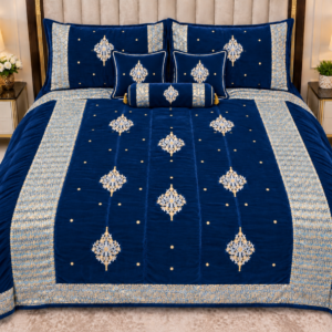 Luxury Bridal Velvet Bed Set with Quilted Handmade Design (Blue)