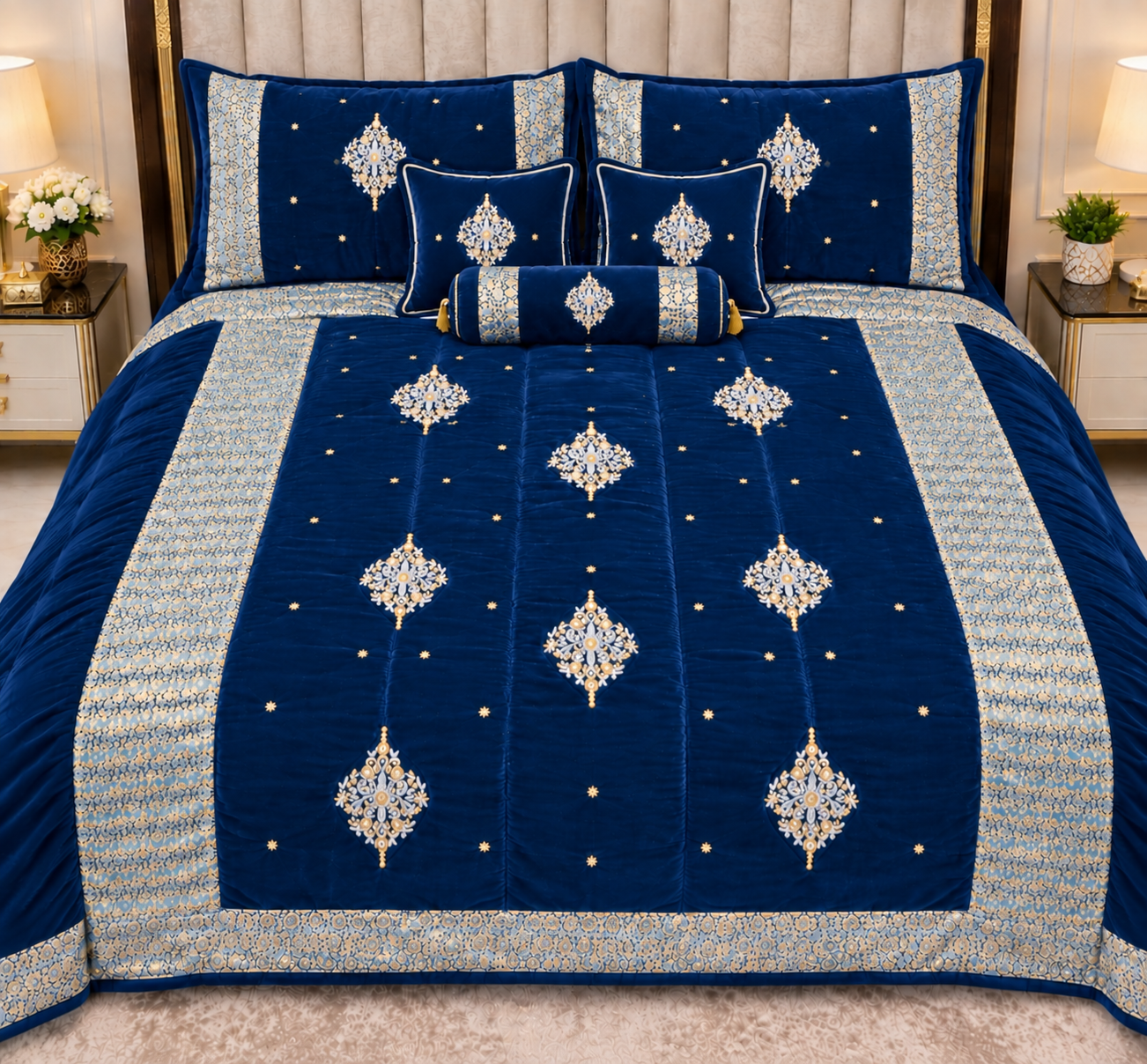 Luxury Bridal Velvet Bed Set with Quilted Handmade Design (Blue)