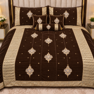 Luxury Bridal Velvet Bed Set with Quilted Handmade Design (Brown)