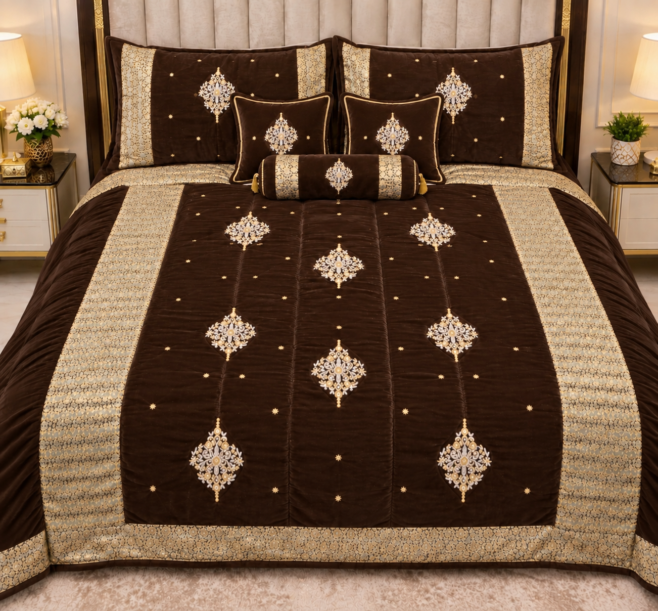 Luxury Bridal Velvet Bed Set with Quilted Handmade Design (Brown)