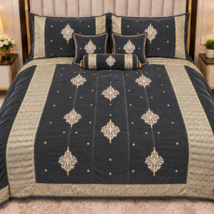 Luxury Bridal Velvet Bed Set with Quilted Handmade Design (Dark Grey)