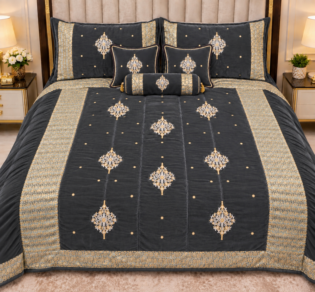 Luxury Bridal Velvet Bed Set with Quilted Handmade Design (Dark Grey)