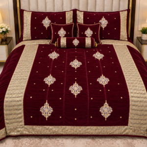 Luxury Bridal Velvet Bed Set with Quilted Handmade Design (Maroon)