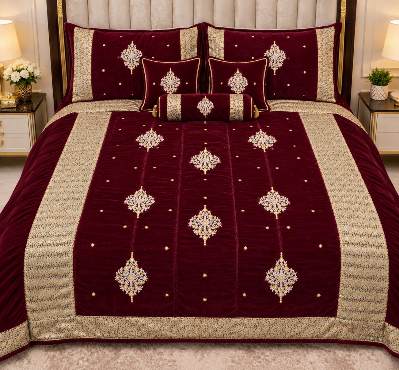 Luxury Bridal Velvet Bed Set with Quilted Handmade Design (Maroon)