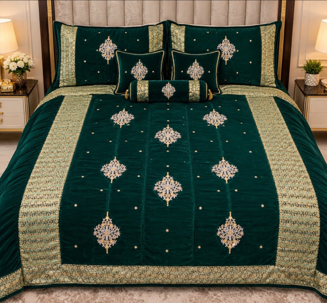 Luxury Bridal Velvet Bed Set with Quilted Handmade Design (Zinc)