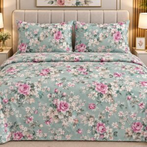 Luxury-Bedsheet-Cotton-Light-Green-Pink-Flower.