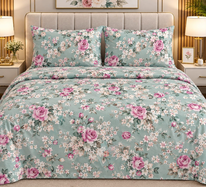 Luxury-Bedsheet-Cotton-Light-Green-Pink-Flower.