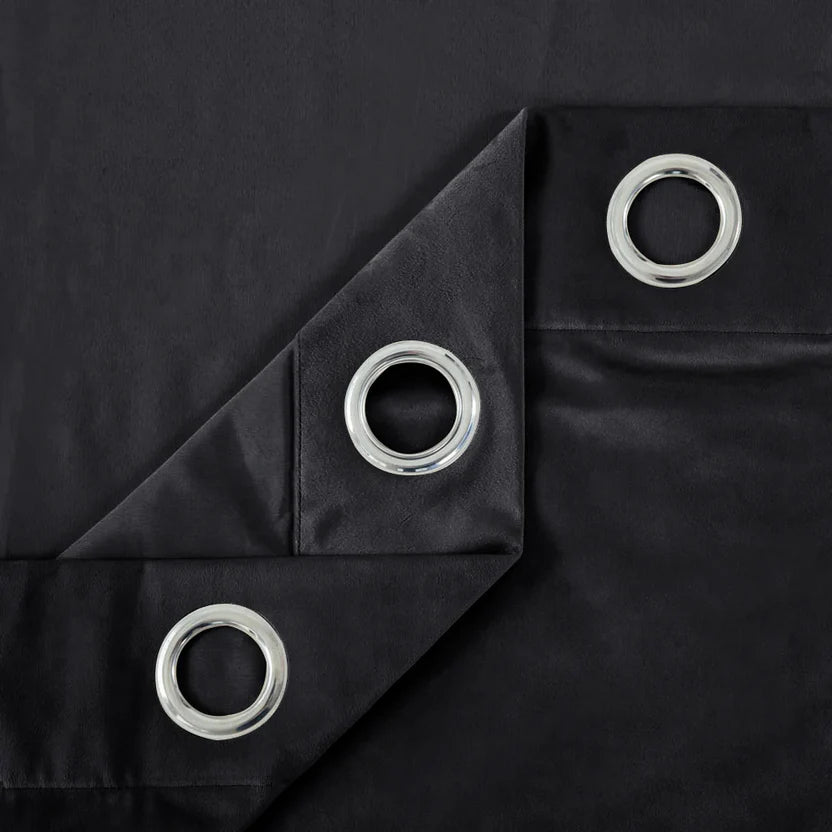 Black Plain 1 Pair 2 Panels Velvet Curtain