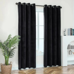 Black Plain 1 Pair 2 Panels Velvet Curtain