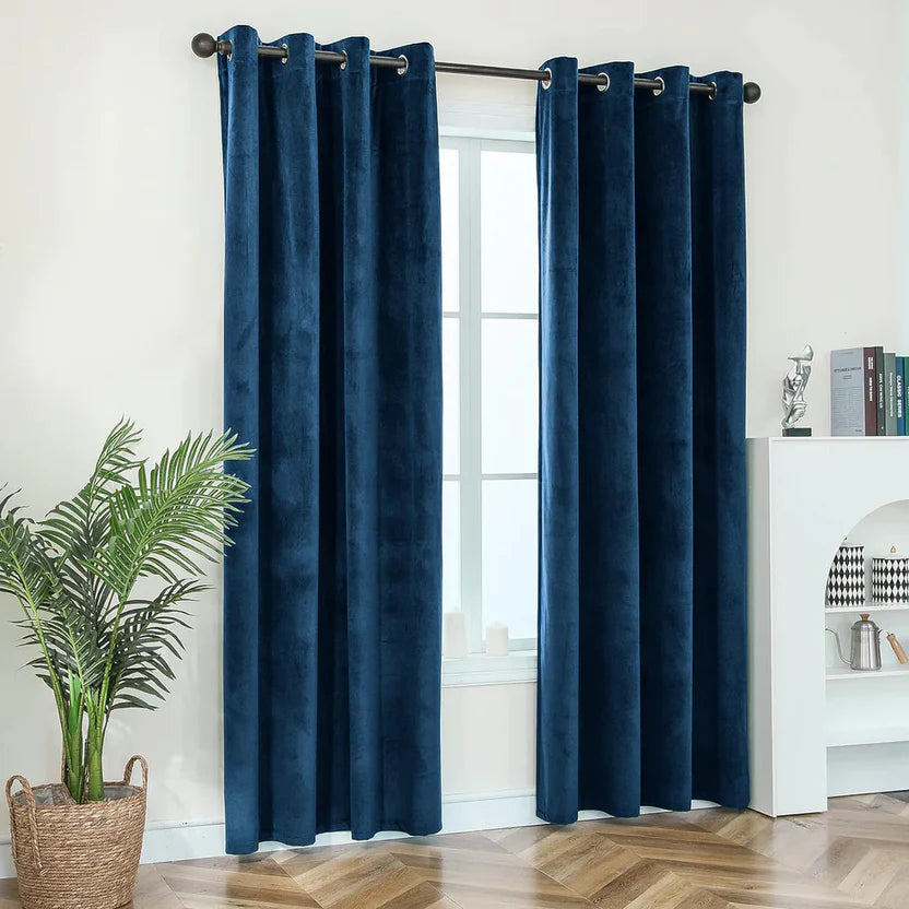 Blue Plain 1 Pair 2 Panels Velvet Curtain