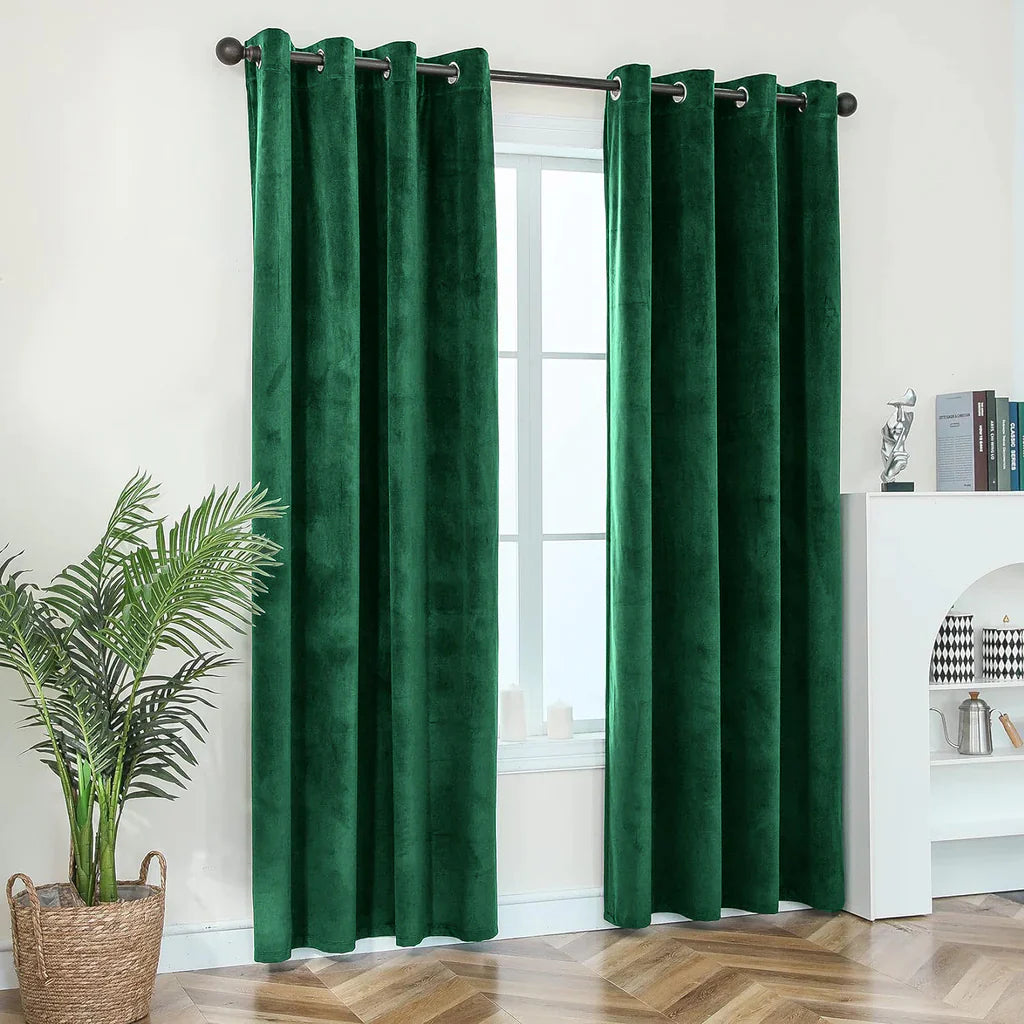 Green Plain 1 Pair 2 Panels Velvet Curtain