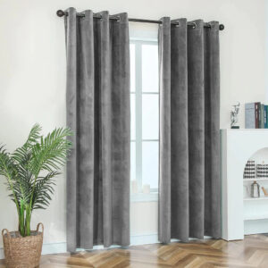 Grey Plain 1 Pair 2 Panels Velvet Curtain