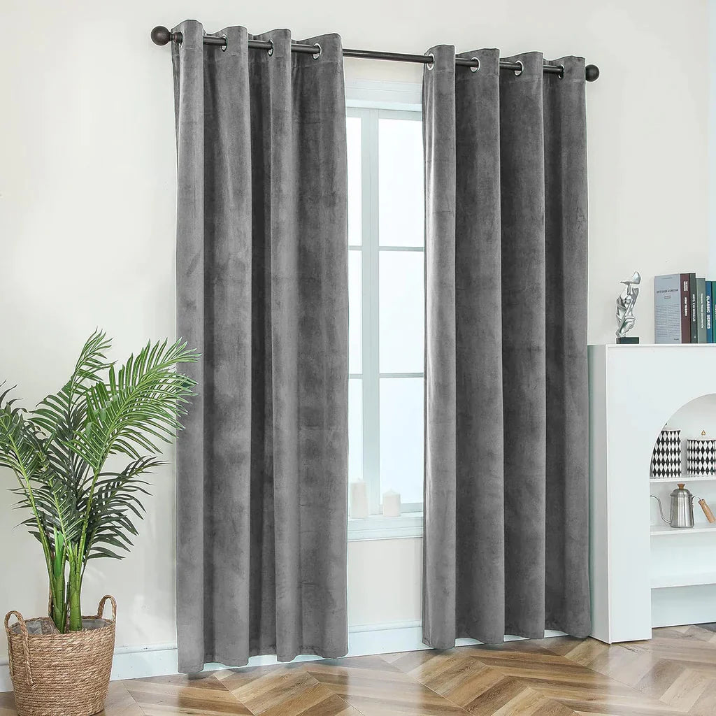 Grey Plain 1 Pair 2 Panels Velvet Curtain