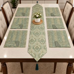 Elegant Teal & Beige Jacquard Dining Table Runner with Matching Placemats & Napkins Set