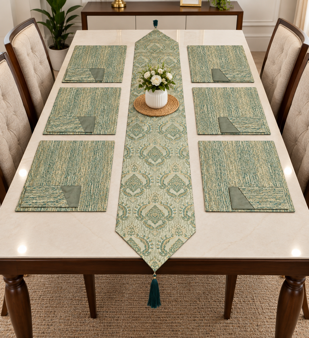 Elegant Teal & Beige Jacquard Dining Table Runner with Matching Placemats & Napkins Set